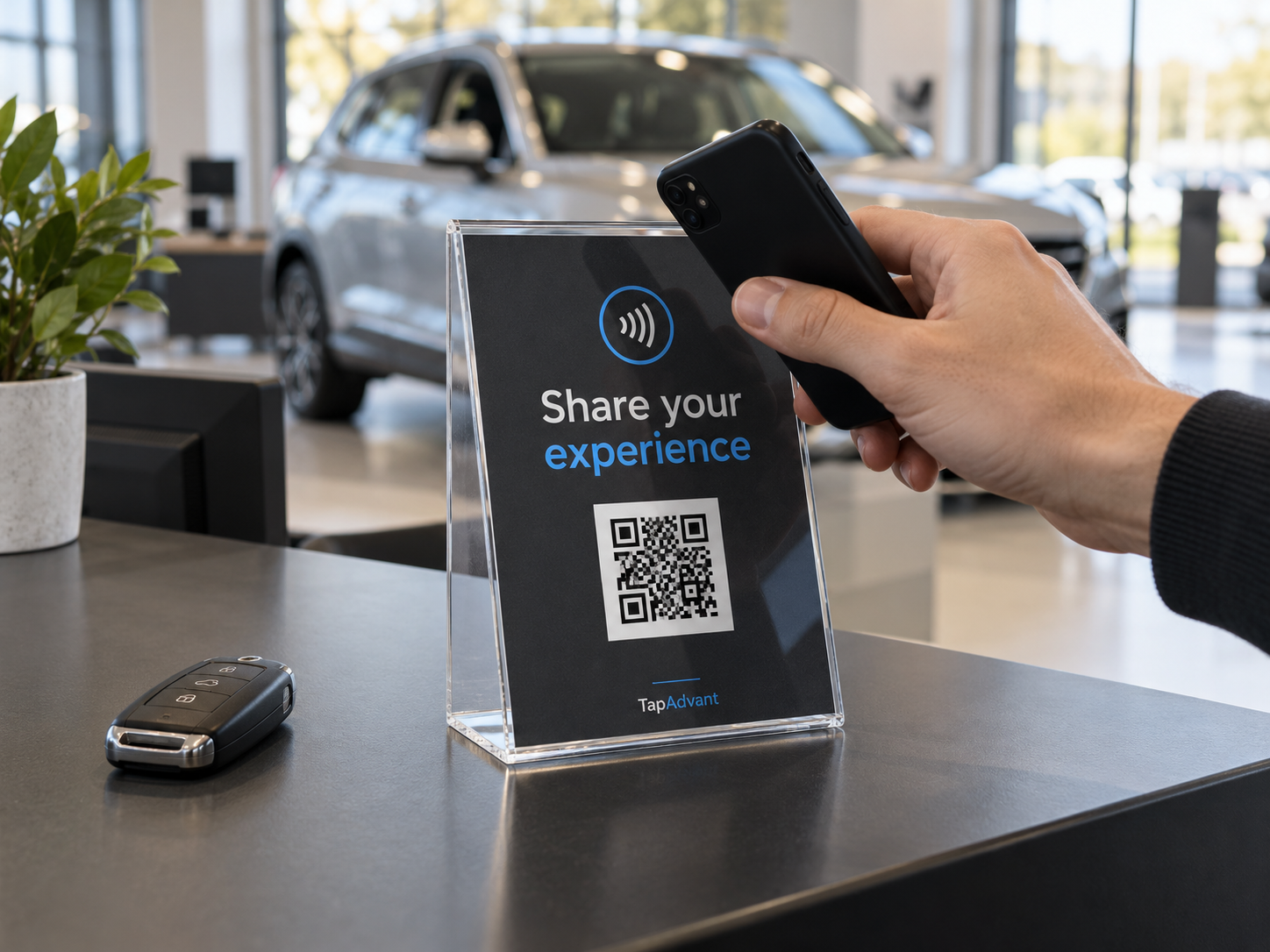 Illustrative concept of a customer tapping a phone beside a TapAdvant review stand at a dealership delivery desk.